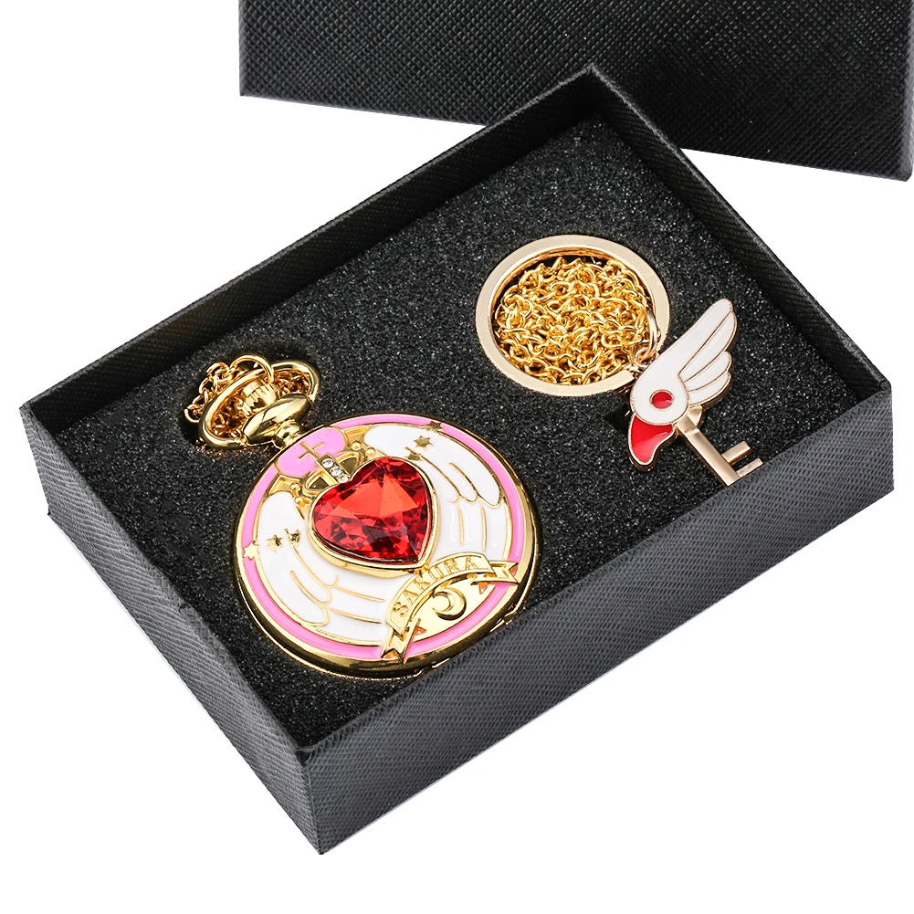 Pocket Watch Key Ring Gifts Set Japan Anime Magic Girl Sakura Cartoon Cosplay Pendant Clock Hours Girls Lady Women Xmas Gift Set