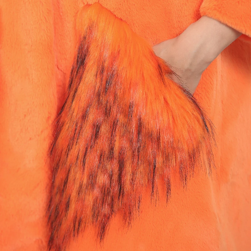 

Nerazzurri Womens faux fur jacket with fox fur trim hood raglan sleeve front fur pockets Irregular fluffy faux fur coat women