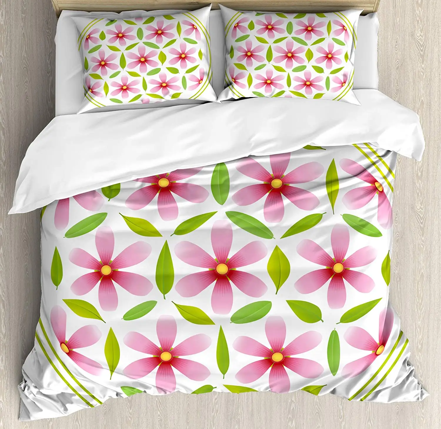 Floral Duvet Cover Set Flower of Life with Florets and Leaves Inside Circle Cosmos Beauty Image Decorative 3 Piece Bedding | Дом и сад
