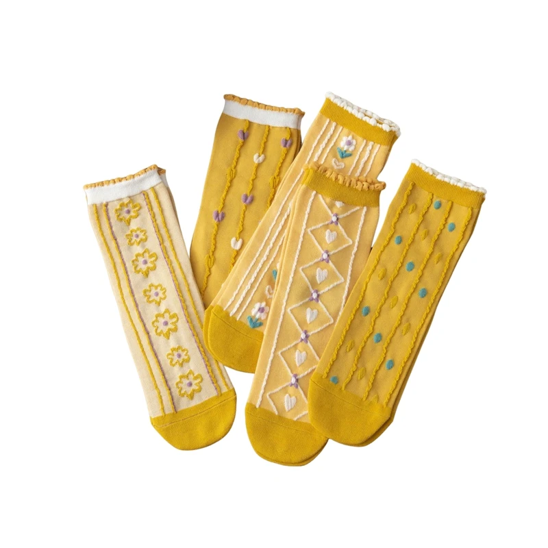 

1Pair Yellow Retro Grainy Floral Socks for Women Cotton Autumn Winter Student Girl Crew Sox Lolita Japanese Style Gift Accessory