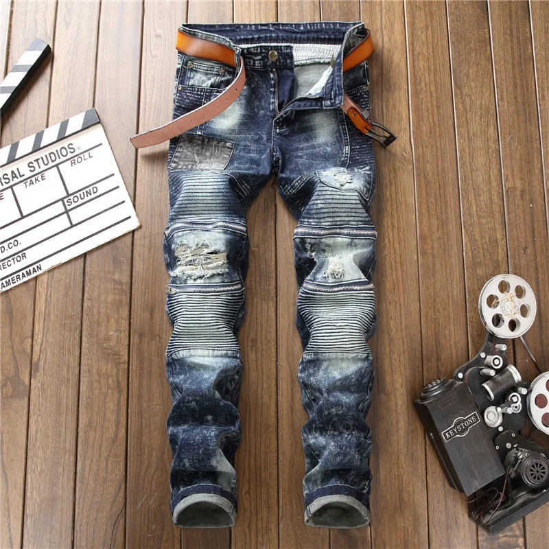 

American High Street Hole Pants Men's Motorcycle Pants Pleated Jeans Slim Patch Stitching Zipper Jeans Pants For Men