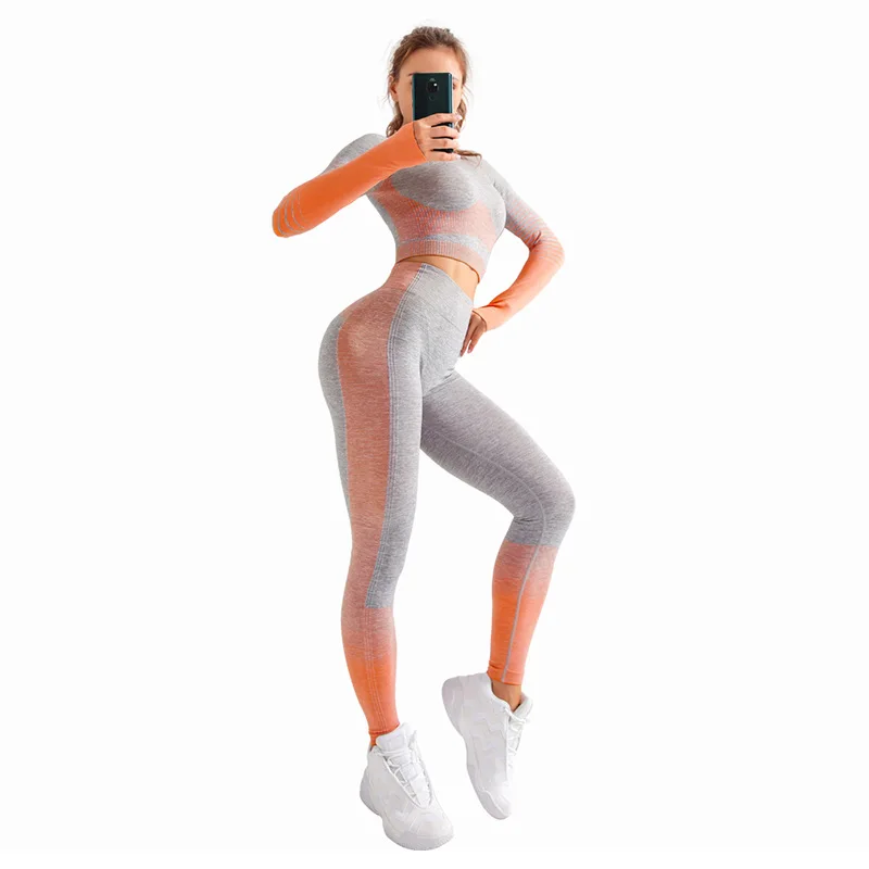 

Seamless Hip Lift Sport Set Yoga Outfits Women Two 2 Piece Dry Fit Tight Long Sleeve Crop top+Leggings Workout Gym Suit Fitness
