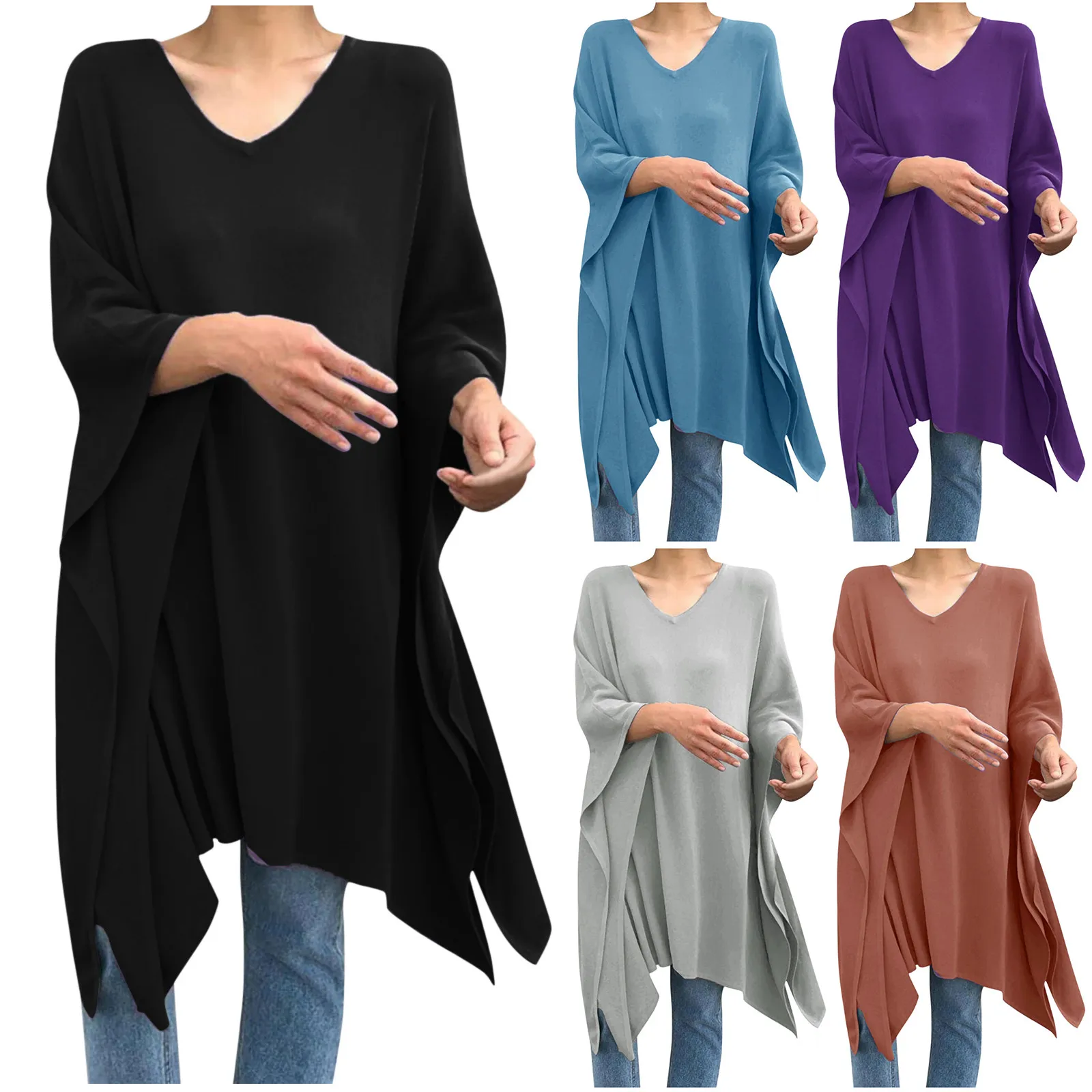 

Женская Асимметричная блузка с длинным рукавом, черная или серая однотонная Повседневная Свободная блузка в винтажном стиле, осень 2021