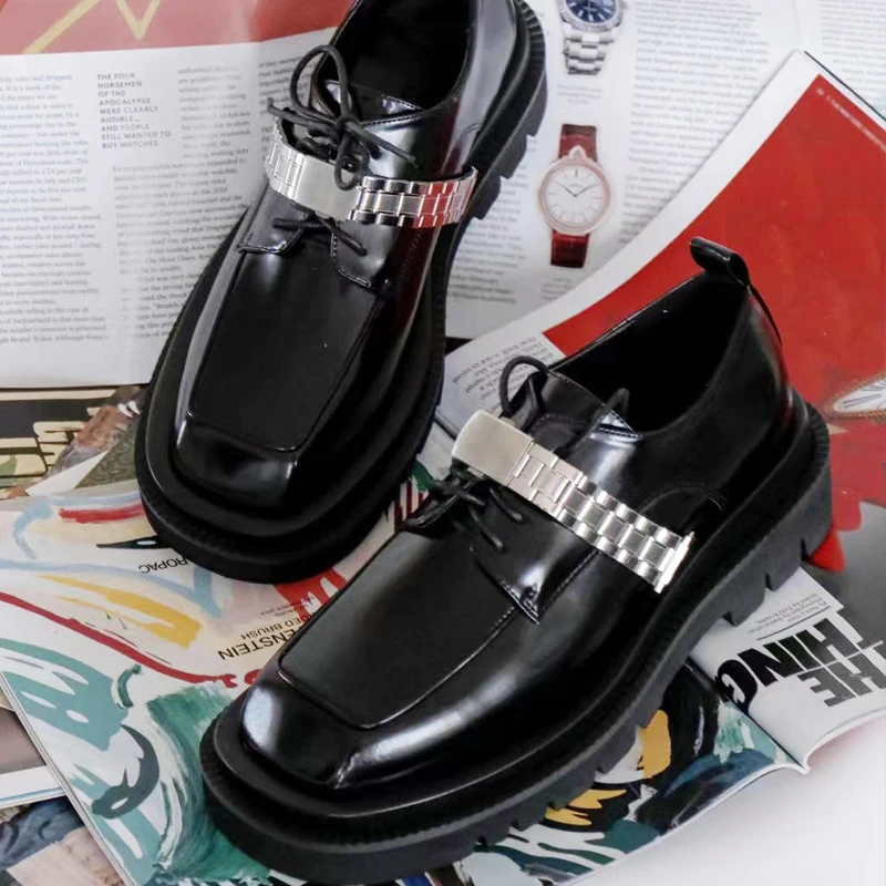 2021 Summer New Metal Watch Chain Black Leather Shoes Women's British Style Retro Platform Muffin Derby Pumps