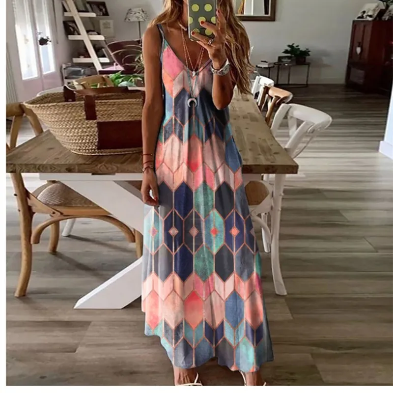 

Plus Size 2021 Women's Summer New Fashion Casual Geometry Printed Camisole Long Dress Ladies Loose V Neck Sleeveless Maxi Dress