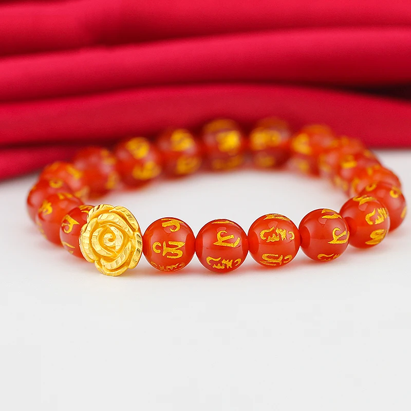 

1 шт., Новое поступление, настоящий браслет из желтого золота 24 К, женский подарок, 3D счастливая фотография с бусинами из красного агата, звен...