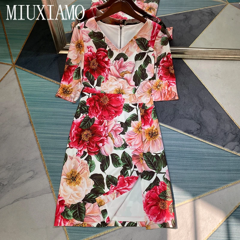 

MIUXIMAO 2021 Spring Summer Party Dress Flower Print Half sleeve Office Lady V-neck Casual Dress Women Vestidos