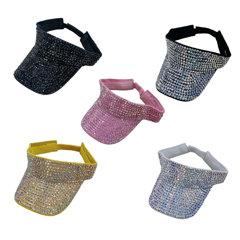 

67JF Empty Top Hat Rhinestone Visor Sunshade Wide Brim Hat Sun Protection Beach Foldable Empty Top Female Sun Hat Summer