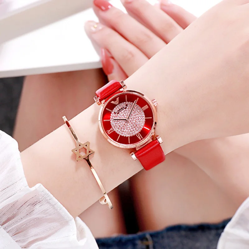 Relogio feminino 2019 Мода Красный кожаный для наручных часов женские кварцевые часы со