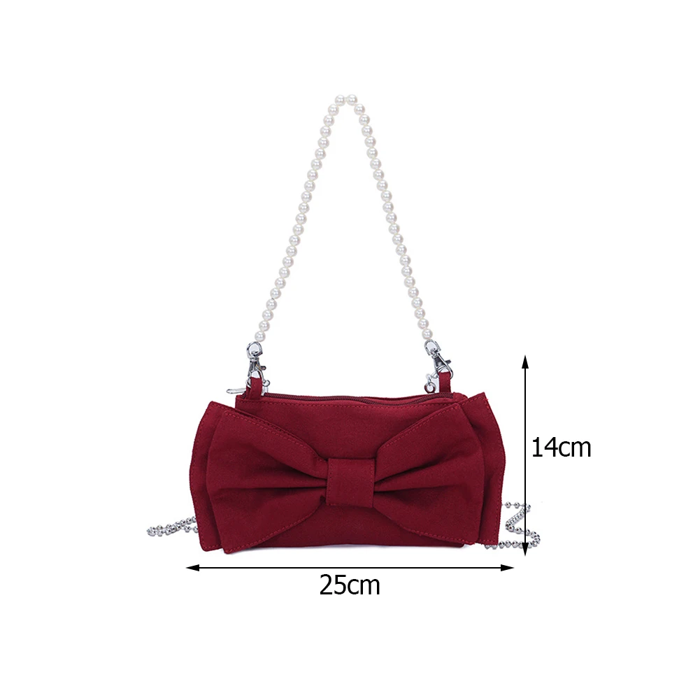 

Vintage Women Bowknot Canvas Pearl Chain Underarm Shoulder Crossbody Messenger Bag Casual Ladies Solid Color Small Handbags