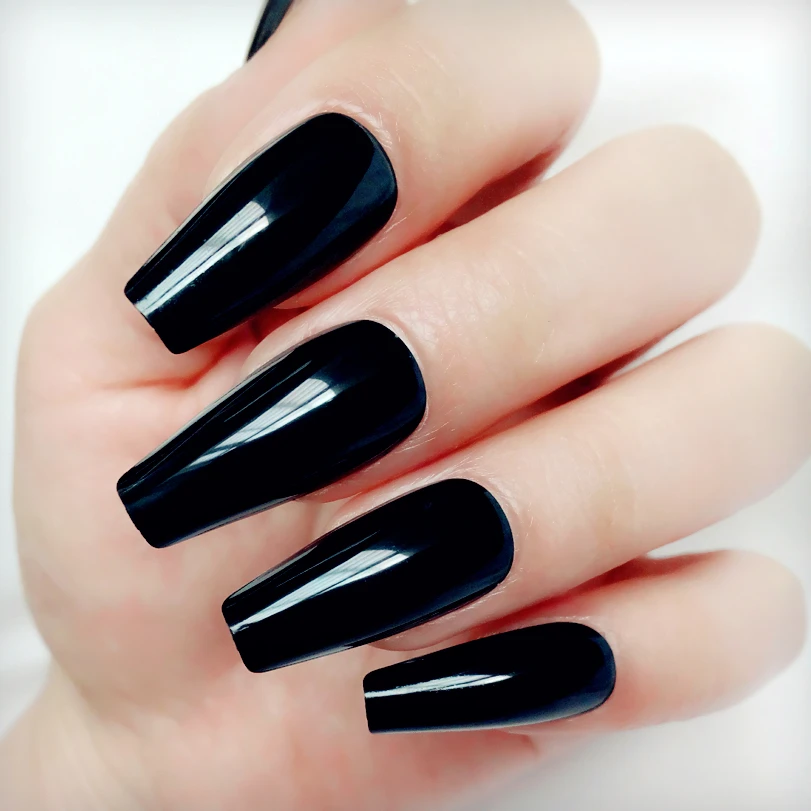 

24Pcs Long Ballerina Coffin Fake Nails Bright Black Artificial False Nails For Design Full Cover Finger Tips Manicure Tool