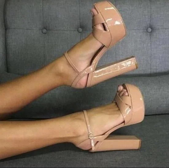 

Sexy Nude Patent Leather Women Square Heels Sandals Peep Toe Ankle Strap High Platform Chunky Heels Derss Shoes Women Banquet