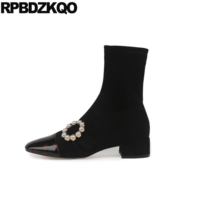 Square Toe Black Japanese Suede Patent Leather Brand Women Winter Boots Genuine Chunky Warm Cheetah Ankle Pearl Fur Block Shoes | Обувь