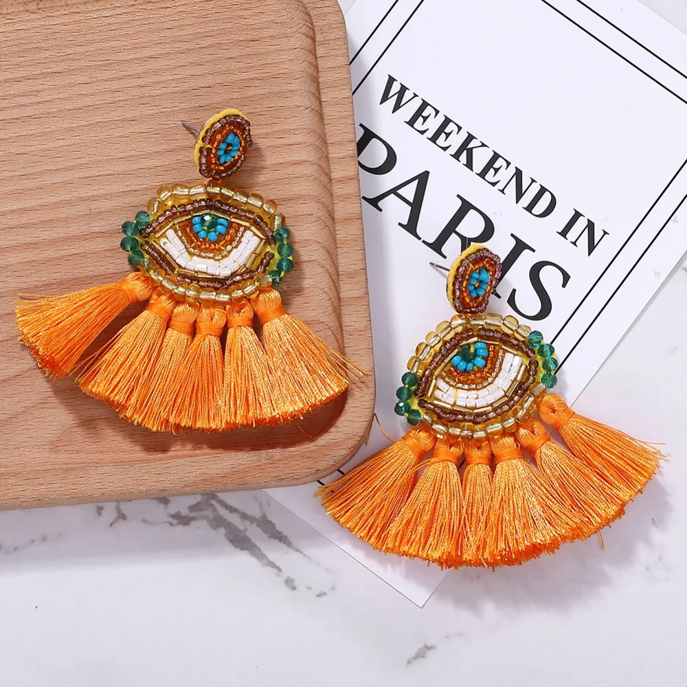 Dvacaman желтый бисер серьги для женщин Boho ручной работы в форме листа сердце кристалл сглаза пом висячие серьги оптом ювелирные изделия подарок