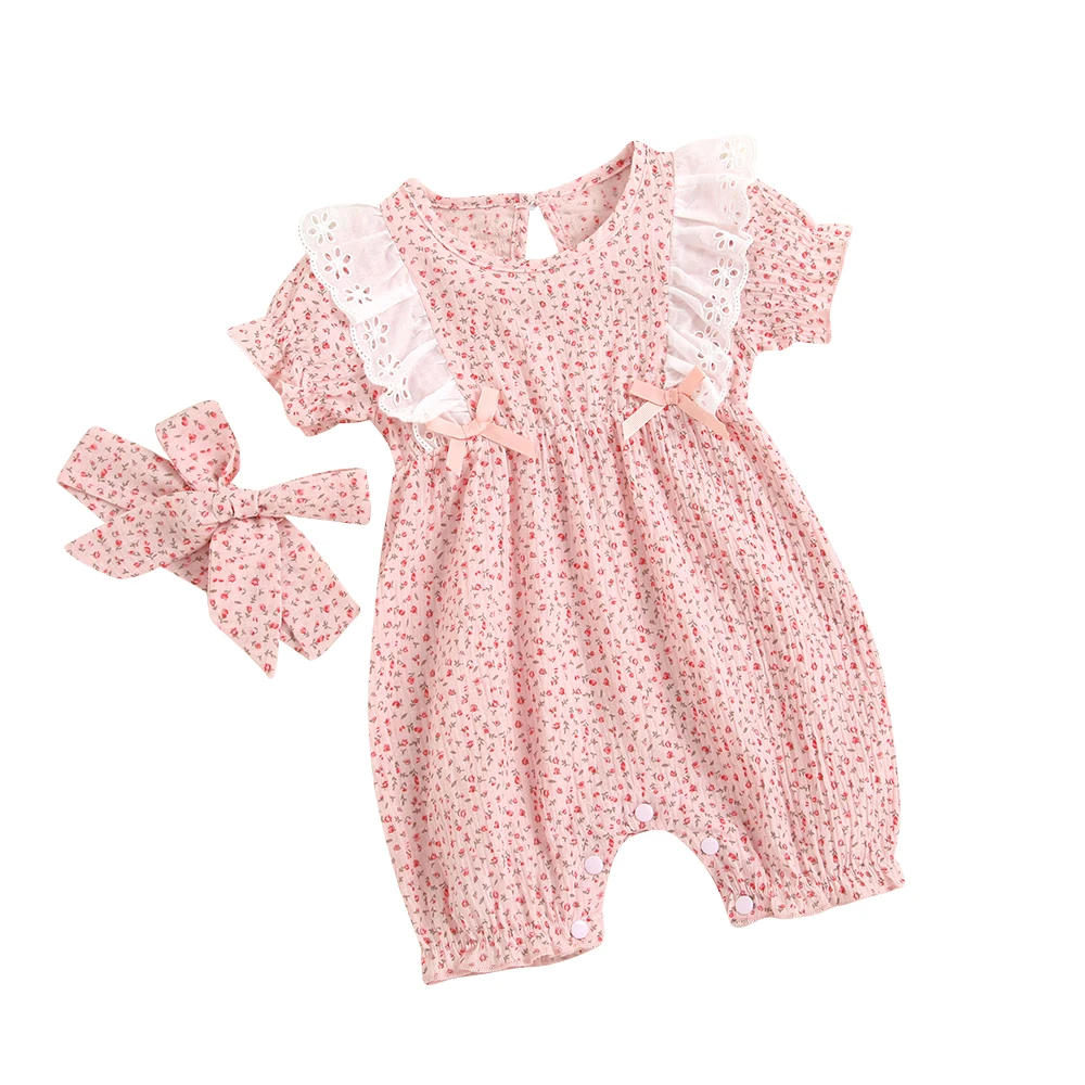 

Детский хлопковый комбинезон с оборками, с коротким рукавом и цветочным принтом