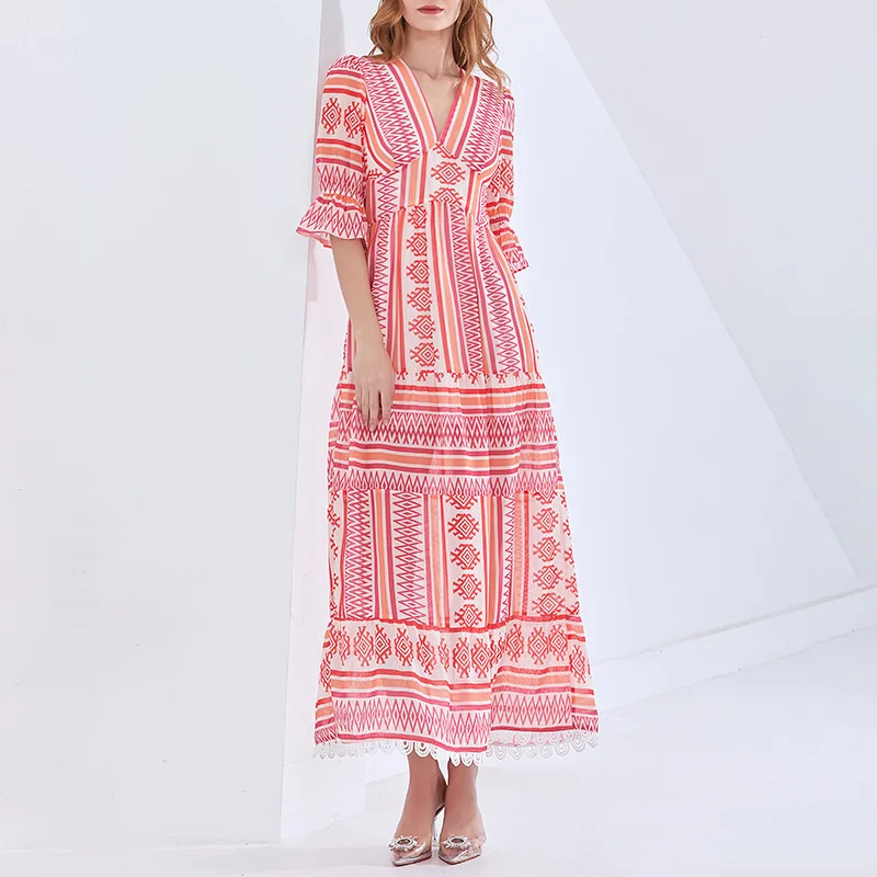 

2021 Summer New Fashion Elegant Women Dress V-Neck Chiffon Print Patchwork Long High Quality Vacation Casual Ladies Dress