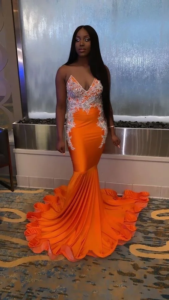 

Orange Long Mermaid Prom Dresses New Sweetheart Sweep Strain Sliver Applique Sleeveless Formal Evening Dress Party Gowns