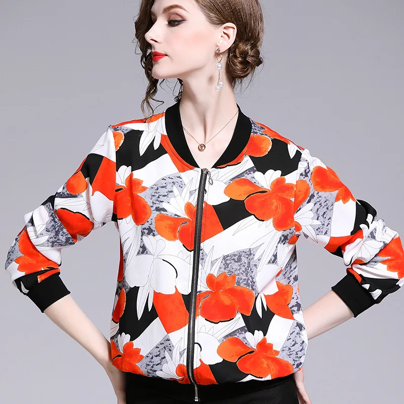 

2021 spring women's new fashion print loose thin versatile sunscreen thin Chiffon Baseball Jacket