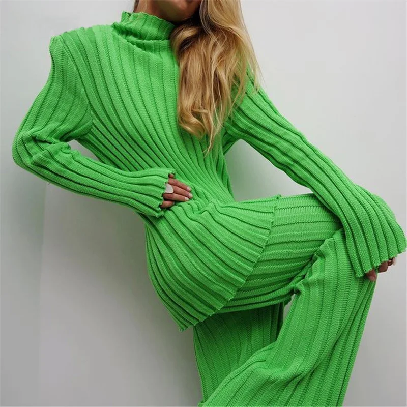 

Fashion Women Sweater Solid Two Piece Set Knitted Slim Stand-up Collar Striped Tops and Pants Outfits Fall 2021 Women Clothing