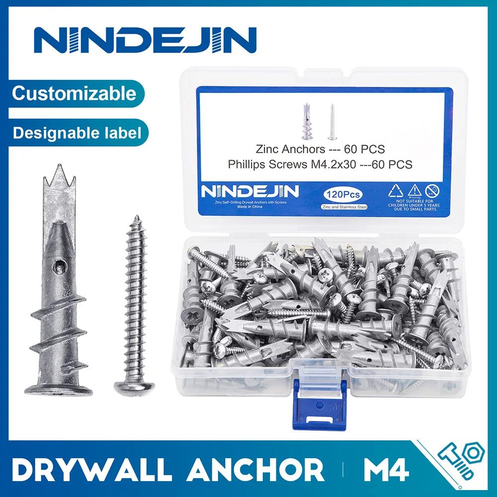 

NINDEJIN 120pcs/set Plasterboard Drywall Anchor Zinc Alloy Hollow-wall Self-drilling Wall Plug with M4.2 Tapping Screw