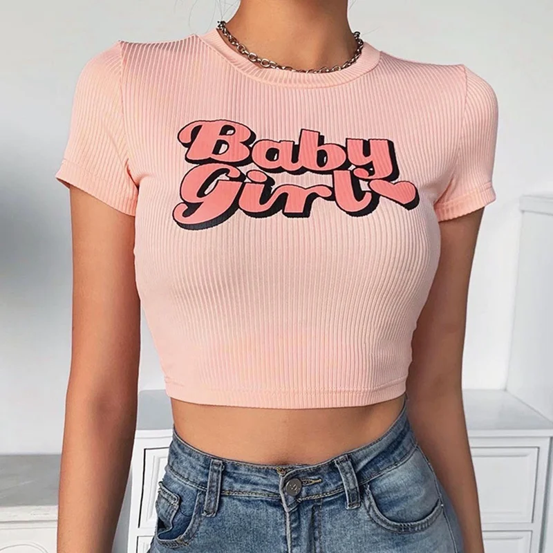 

Sweet Girl Letter Street Cropped Top Women 2020 Summer Short Sleeve Tee Shirt Fashion O Neck Casual Crop Top T-shirt