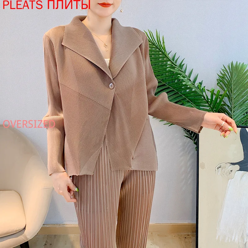 Miyake Pleated Shirt Blouse Loose Small Cardigan Sweet Spring and Autumn New One-button Sun Protection Shirt PLEATS Top Blusas