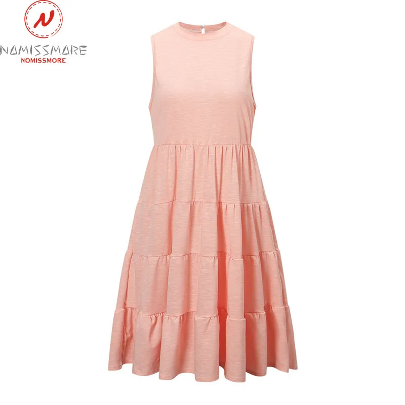 

Fashion Women Summer A-Line Dress Hollow Out Design Button Ruffles Decor O-Neck Sleeveless High Waist Slim Pullovers Dress
