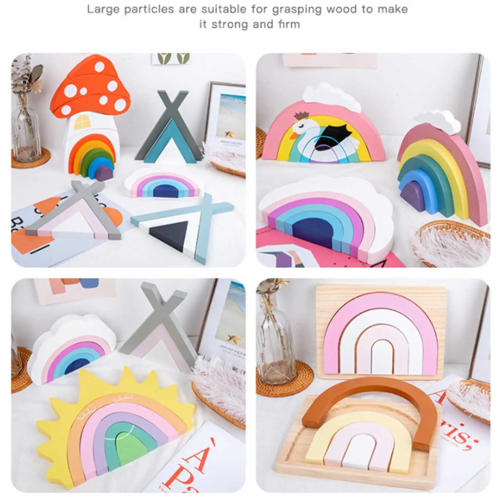 Bloques de construcci&oacute;n de arco&iacute;ris para ni&ntilde;os, juguete educativo de apilamiento de madera, juguetes educativos de bloques de aprendizaje temprano, regalo, novedad-5