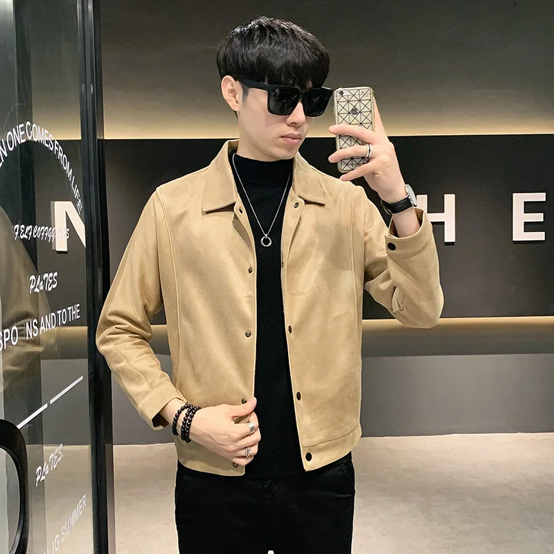 Мужская замшевая куртка с длинным рукавом повседневная приталенная