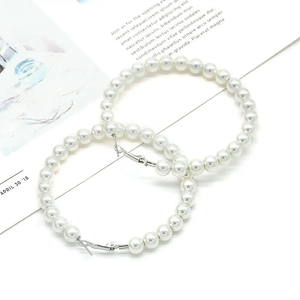 Hoop 7cm 1 пара, серьги-кольца из чистого белого жемчуга, серьги с жемчугом, круглые серьги-кольца для женщин и девушек, модные ювелирные изделия, Женские аксессуары - Окраска металла: Hoop 7cm