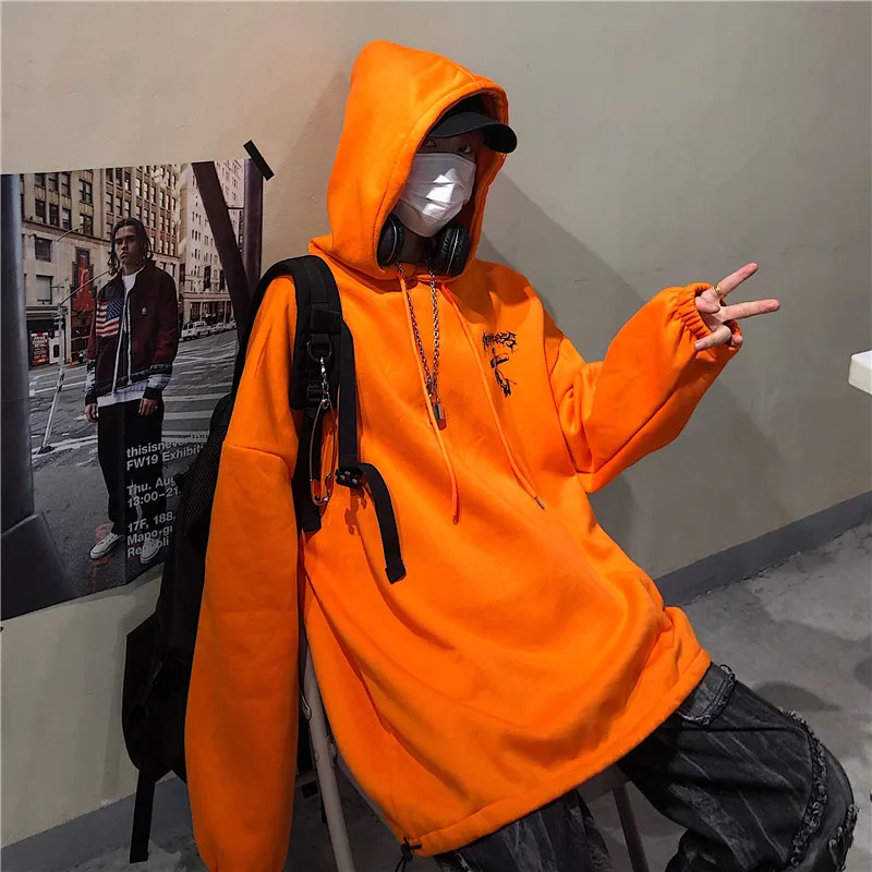 

2020 Winter Harakuju Orange Sweatshirt For Women cross Printing Loose Thicker BF Style Couple Hoodies Hooded Women