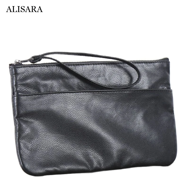 

Alisara Male Clutch Bag First Layer Cow Leather Luxury Business Large Capacity Phone Wallets Casual Zipper Long Purses Women