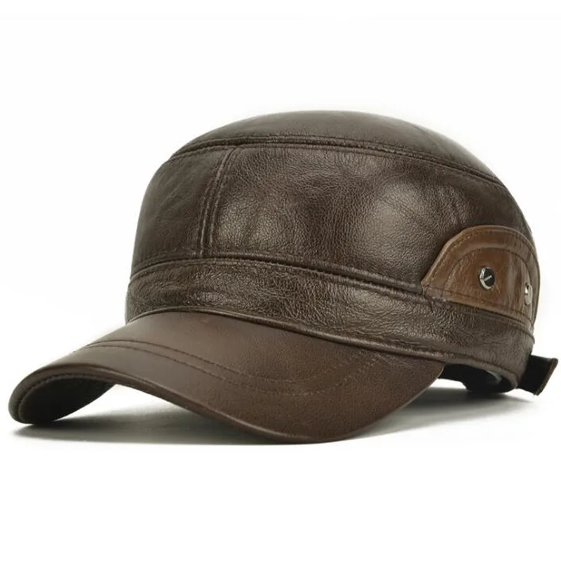 

SILOQIN 2020 New Men Genuine Leather Hat Army Military Hats Adjustable Size Men Flat Cap Cowhide Leather Cap Men's Brands Caps