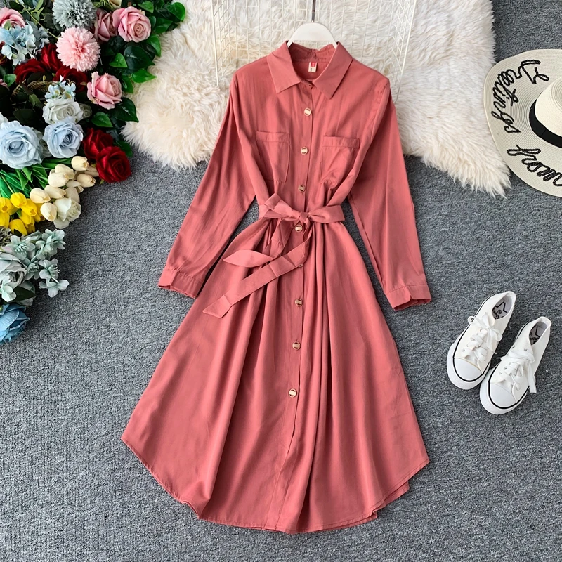 

Женское винтажное платье-рубашка, однотонное длинное платье с поясом и длинным рукавом, весна-осень 2019