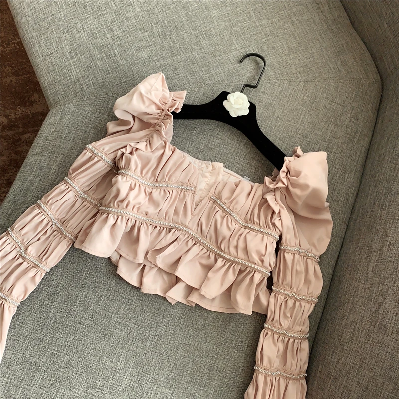 

STREET 2021 HIGH Newest Fashion Designer Blouse Women's Flare Sleeve Slash neck Crop short Blouse Tops