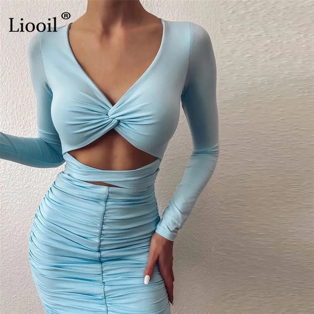 

Сексуальное мини-платье Liooil с рюшами и открытой спиной, женские осенние облегающие платья с длинным рукавом и V-образным вырезом, женские ве...