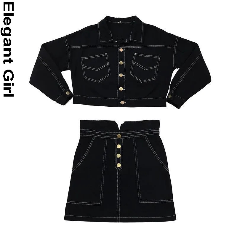 

2021 Fashion White Skirt Two-Piece Denim Suit Slim Casual Lady Vestido Women's Clothing Set Long-Sleeved Jean Jackets Coat
