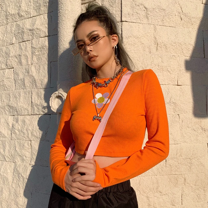 Укороченная Футболка с принтом и длинным рукавом женская уличная Сексуальная