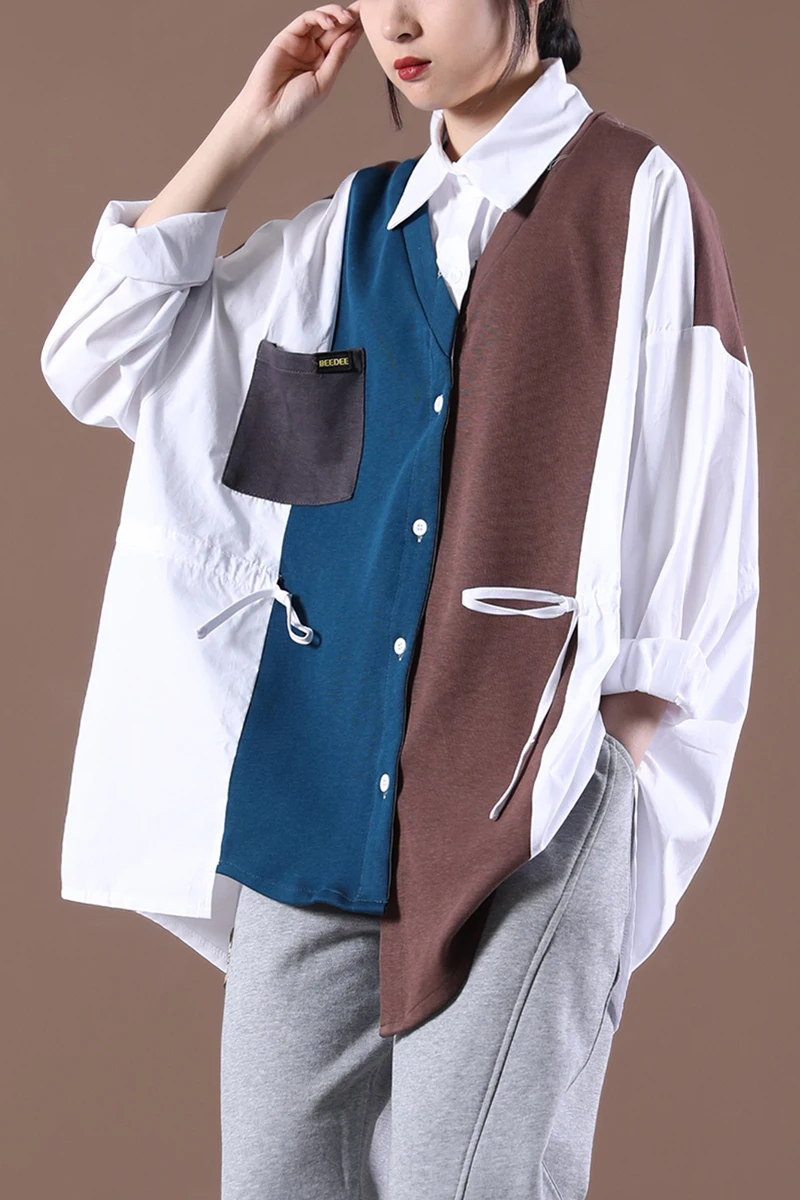 

Female new spring Korean style plus size literary drawstring waist stitching color stitching loose shirt