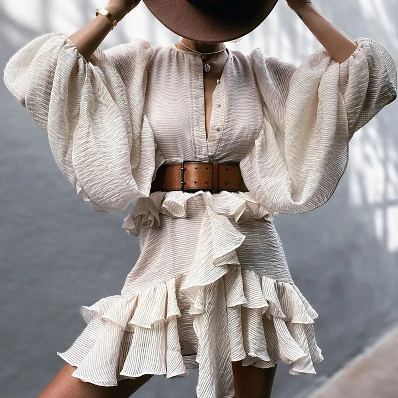 

2020 New Summer O-neck Women Mini Dress Long Lantern Sleeve Belted Layered Ruffled Irregular Short Dresses