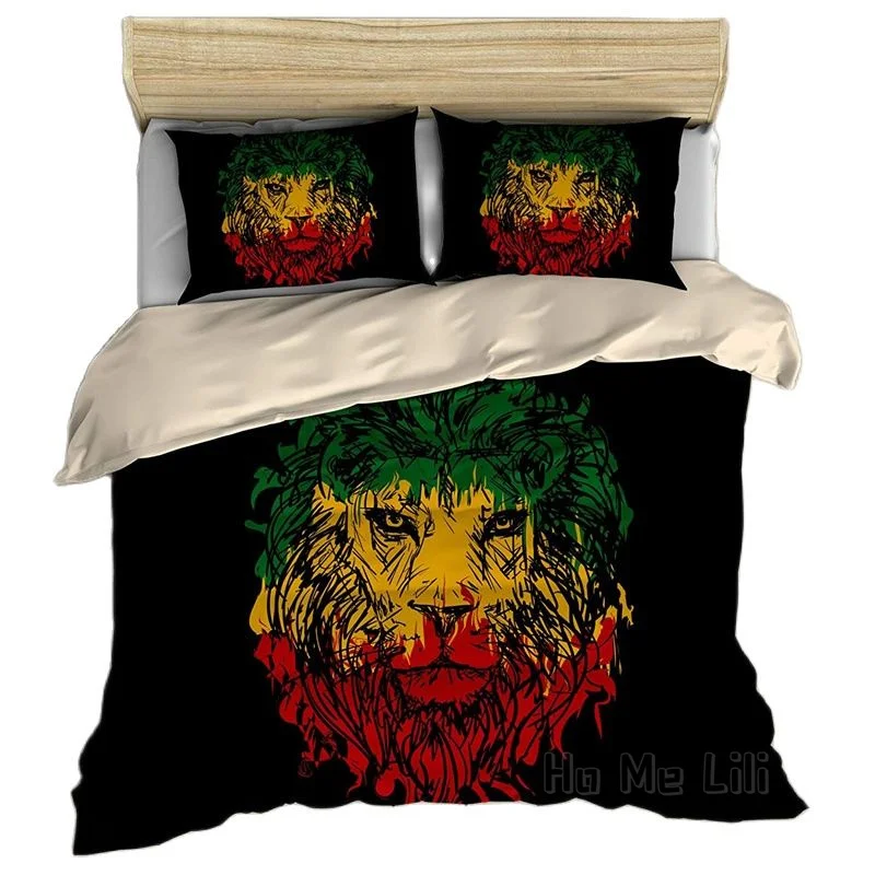 

Rasta By Ho Me Lili Duvet Cover Set Ethiopian Flag Colors On Grunge Sketchy Lion Head With Black Backdrop Theme Art