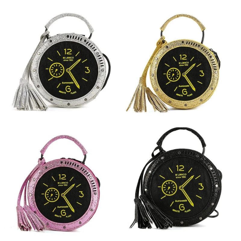 

Round Clock Shaped Crossbody Bag for Women PU Leather Tassel Sequin Shoulder Bag