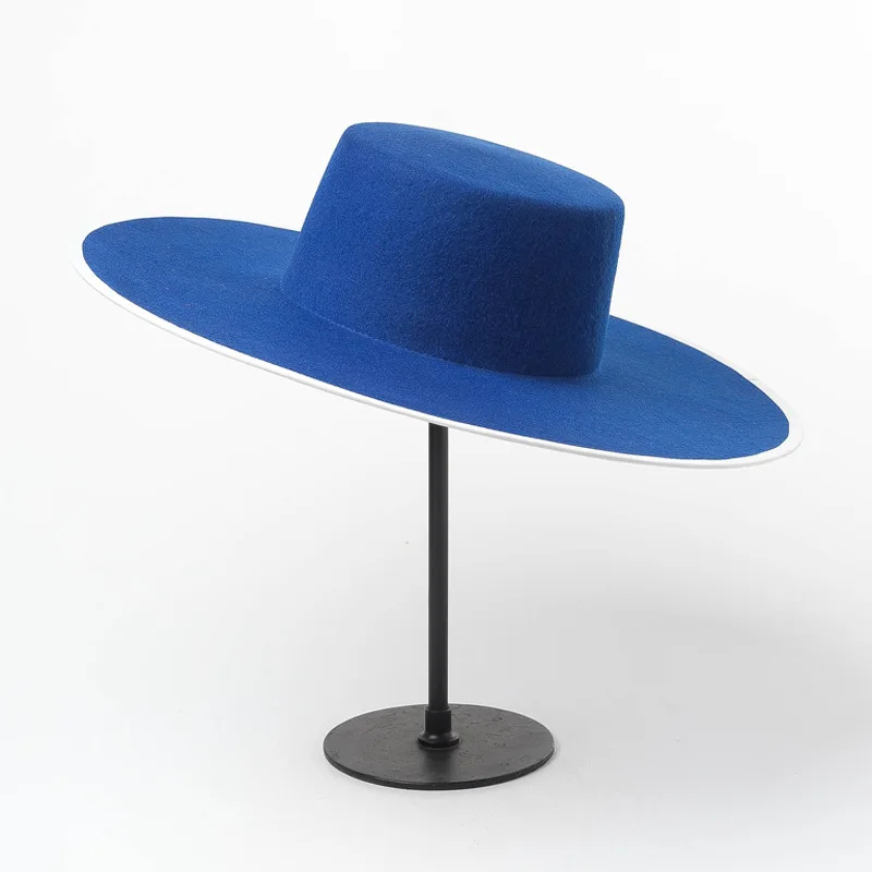 Neue Blau Echt Wolle Flache Fedora Hut Männer Wome einfarbig Große Breite Krempe Fühlte Hut Derby Party Kirche Hut einstellbare Panama Jazz Hut – Detail 5