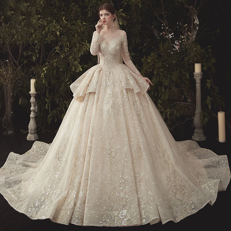 

Sequins Champagne Wedding Dress O-Neck Full Sleeves Simple Luxurious Runched Ball Gown Lace up Long New Women Bride Dresses B018