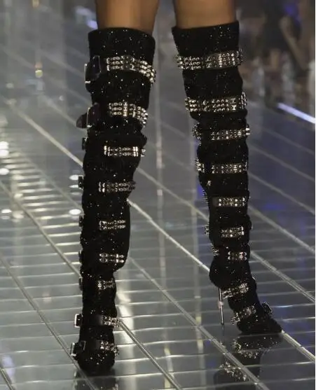 

Female Black Sliver Rhinestone Buckles Rivets Over The Knee Boots Woman Bling Bling Pointed Toe Iron Heels Spike Long Boots