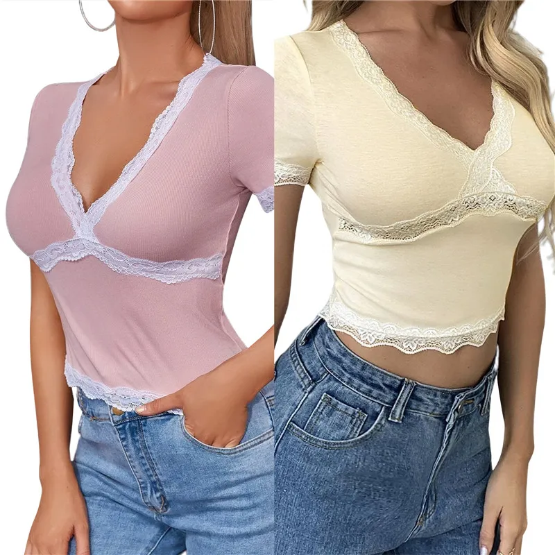 

Кроп-топ hirigin с V-образным вырезом, кружевной с коротким рукавом, Повседневная модная Корейская футболка, женская летняя Однотонная футболка...