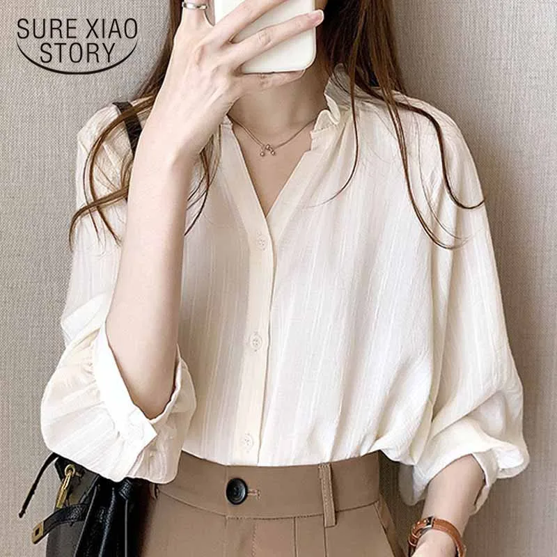 

Woman's Shirts 2020 Autumn V-Neck Office Plus Size 4XL Women Blouses Cotton Long Sleeve Lady Top Female New Clothing 10481
