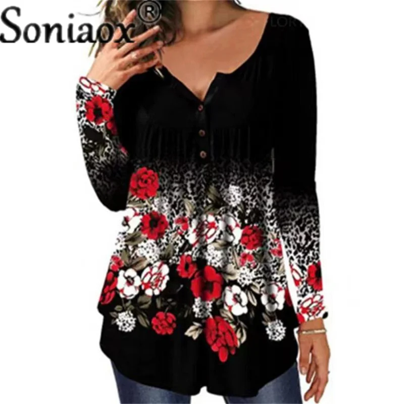 

2021 Autumn New Women Casual Loose Long Sleeve Printing T-Shirts Ladies Fashion Splice Button V-Neck Folds Splice Pullover Tops