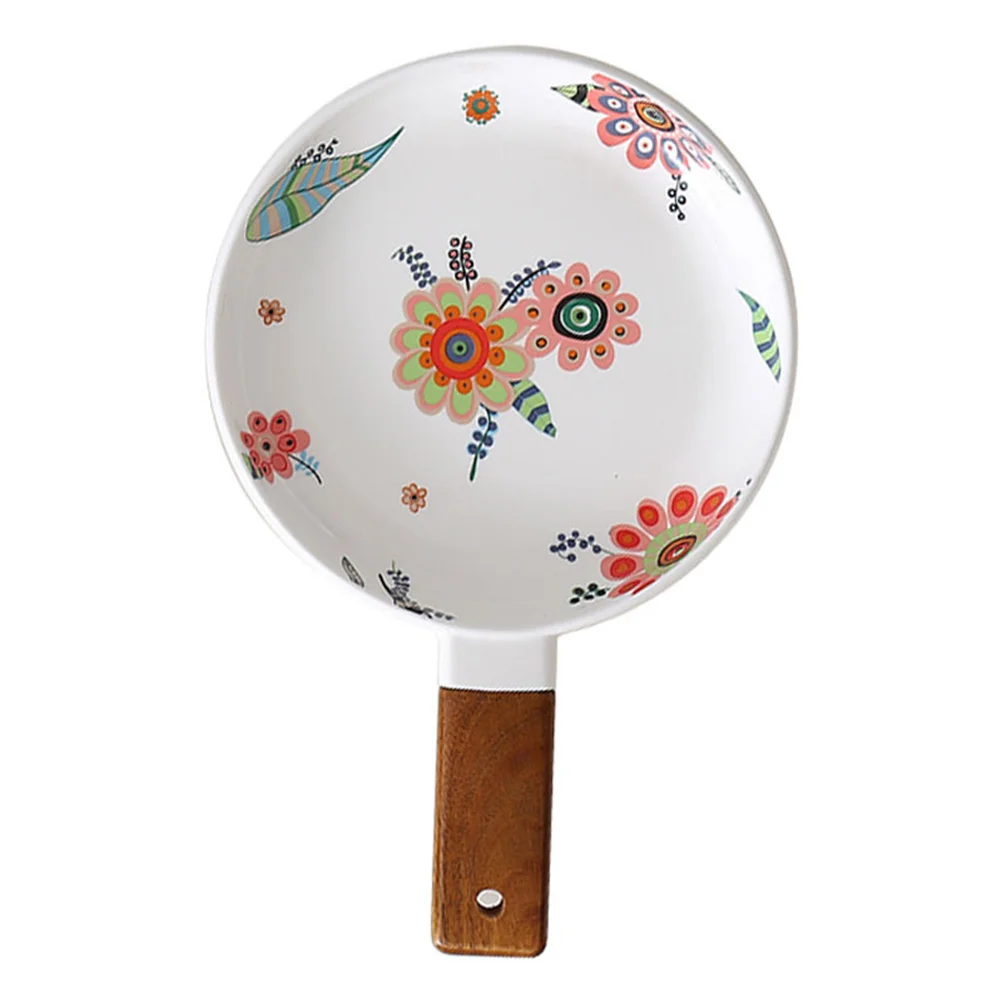 

1pc Portable Steak Plate Spaghetti Container Ceramic Plate with Wooden Handle