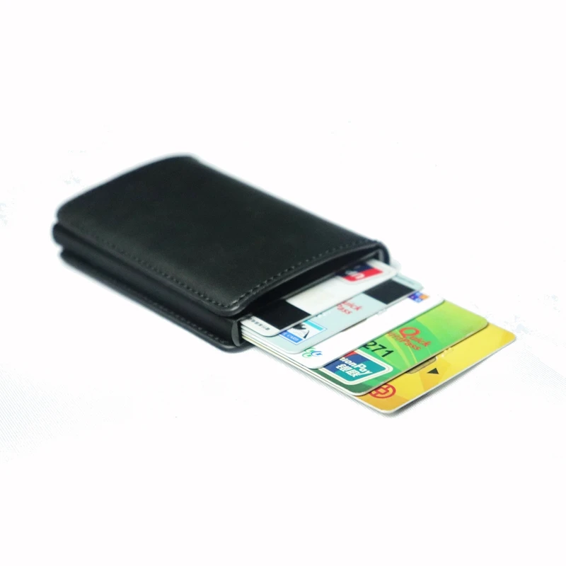 RFID Blocking Credit Card Holder Genuine Leather Men ID Card holder Mini Wallet Vintage Metal Automatic Anti-theft Card Wallet